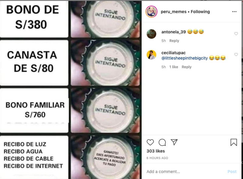 Meme, text "BONO DE S/380" next to an image of a flipped bottle cap that says "SIGJE INTENTANDO," text "CANASTA DE S/80" next to an image of a flipped bottle cap that says "SIGJE INTENTANDO," text "BONO FAMILIAR S/760" next to an image of a flipped bottle cap that says "SIGJE INTENTANDO," text "RECIBO DE LUZ, RECIBO AGUA, RECIBO DE CABLE, RECIBO DE INTERNET next to an image of a flipped bottle cap that says "GANASTE! ERES AFORTUNADO ACERCATE A REALIZAR TU PAGO"