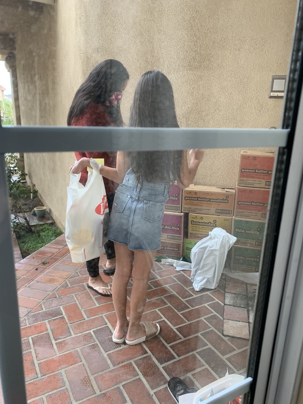 Photo taken through a window of a woman and young girl looking at stacked boxes of Girl Scout cookies.