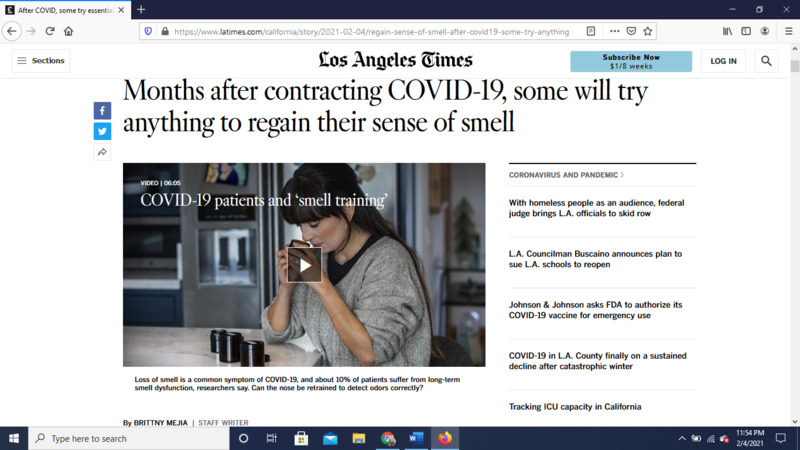 Screen shot of Los Angeles Times website article.  Headline reads, "Months after contracting COVID-19, some will try anything to regain their sense of smell."