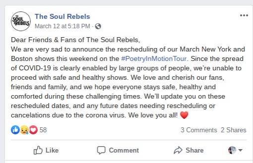 A Facebook screenshot of a post made by The Soul Rebels. 