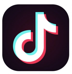 A black, white, red, and blue image of the TikTok logo. 