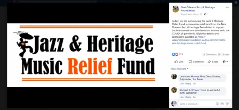 A screenshot of a Facebook post made by New Orleans Jazz & Heritage Foundation. 