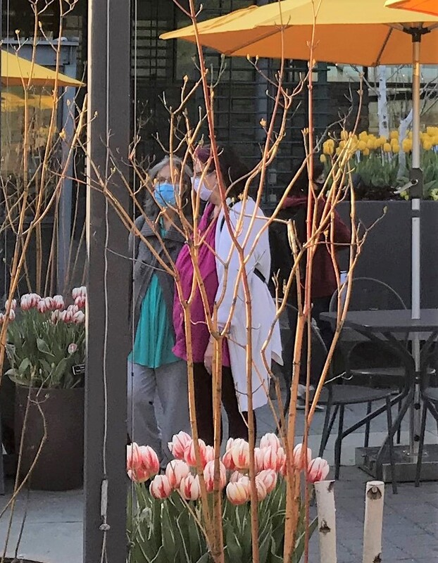 This is a picture of two women who are standing behind several flowering potted plants. They are both wearing face masks. 