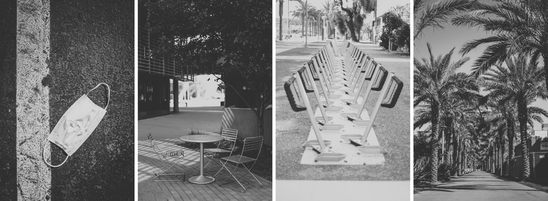 The first image has a disposable mask in the road, next has an empty table with chairs, next shows an empty bike rack, and the last image shows walkway with no one on it. 