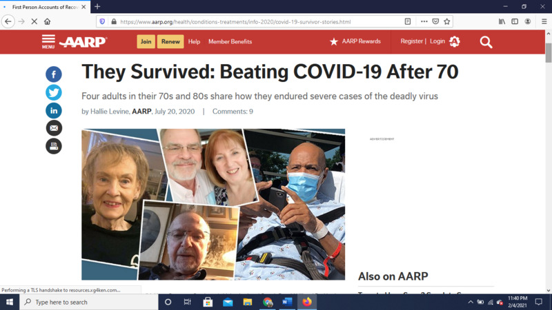 Screenshot of AARP web article.  Image shows four separate pictures of older adults.  Headline reads, "They Survived: Beating COVID-19 After 70".