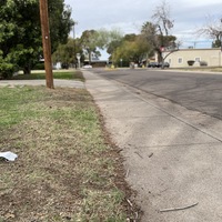 This is a picture of a discarded face mask that has been left on someone's lawn. A residential street can be seen in the background. 