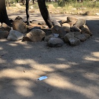 This is a picture of a face mask that has been discarded on a dirt path outdoors.  