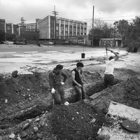 Three workers are digging a trench near a parking lot. 