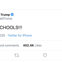 A twitter post by Donald Trump reading "OPEN THE SCHOOLS!!!".