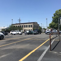 Blue sliver SUV, green car, white SUV, black SUV, and five cyclists are in the protest line. All four vehicles have signs hanging off the passenger side. 