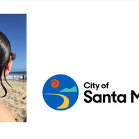 This is a series of two pictures, one depicting a woman at the beach, and the other displaying the emblem of the city of Santa Monica. 