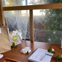 This is a picture of a wooden desk were pens, receipts, and a notebook are set. Two bags sit nearby that appear to be food orders that have yet to be picked up 