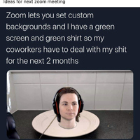 Twitter post that says "Zoom lets you set custom backgrounds and I have a green screen and green shirt, so my coworkers have to deal with my shit for the next two months", with an image of a floating head on a plate attached.