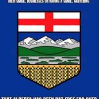 This is an image depicting the Coat of arms of Alberta, along side text that reads: "Remember before you report your neighbors for opening their small business or having a small gathering that Alberta has been rat free for over seventy years. Lets keep it that way."