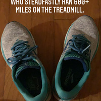 This is a picture of a well worn pair of running shoes that are resting on wood flooring. The caption reads: "Retiring my July 2020 running shoes, who steadfastly ran 600+ miles on the treadmill. Poor things never left the house. A testament to 2020."