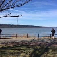 People social distancing  looking at a body of water while at a park. 