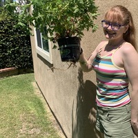 A feminine person holding a plant.