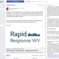 Screenshot of Facebook group page "WV Food ER 2020" showing the post about "Find Services in West Virginia - Rapid Response WV" 