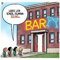 A political cartoon depicting a school being renamed Bar. A caption on the picture says Looks Like School Dilemma Solved.