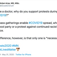 A tweet explaining why a doctor supports protest during the COVID-19 pandemic.