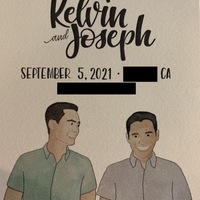 This is a picture taken of the front of a wedding invitation, which has a message displayed over a drawing of two men smiling and holding hands. The message reads: "Save the date for the wedding of Kelvin and Joseph, September 5th 2021, CA." 