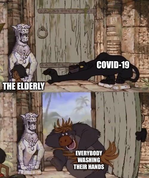 A two frame meme from the Jungle Book. The first frame has the words THE ELDERLY above Mowgli and above Bagheera is the words COVID-19. The second frame has Baloo bursting through the door crushing Bagheera behind the door and the words above Baloo say EVERYBODY WASHING THEIR HANDS.