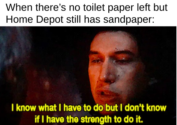 A meme with Kylo Ren from Star Wars. Above Kylo says: When there's no toilet paper left but Home Depot still has sandpaper: and below Kylo says: I know what I have to do but I don't know if I have the strength to do it. 