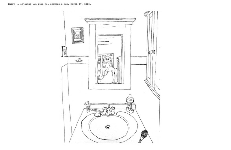 Drawing of a person looking in a bathroom mirror. 