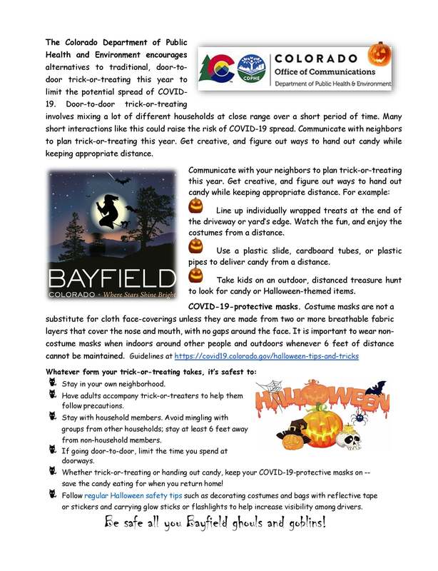 A picture of an announcement released by the Colorado Department of Public Health and Environment detailing safer alternatives to traditional trick-or-treating that comply with social distancing recommendations.  