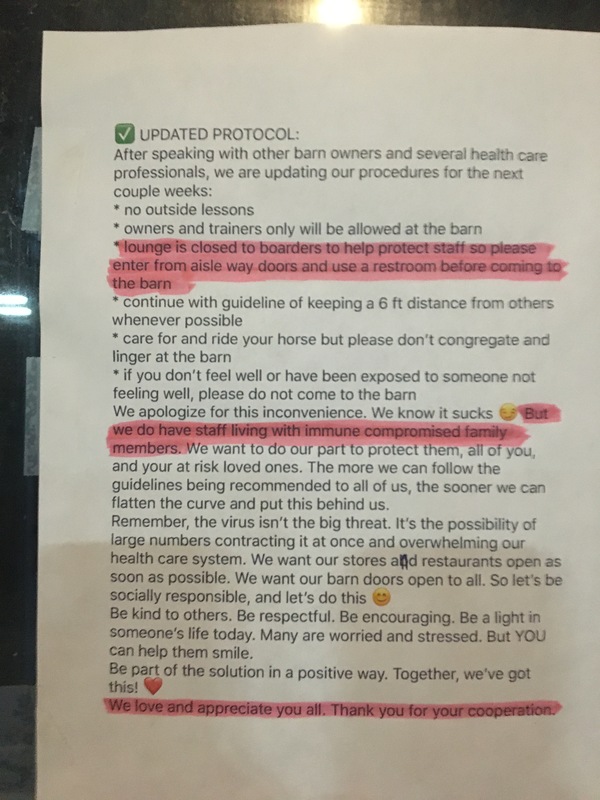 A paper flyer about update protocol to follow while at stables in Ada, Michigan. 